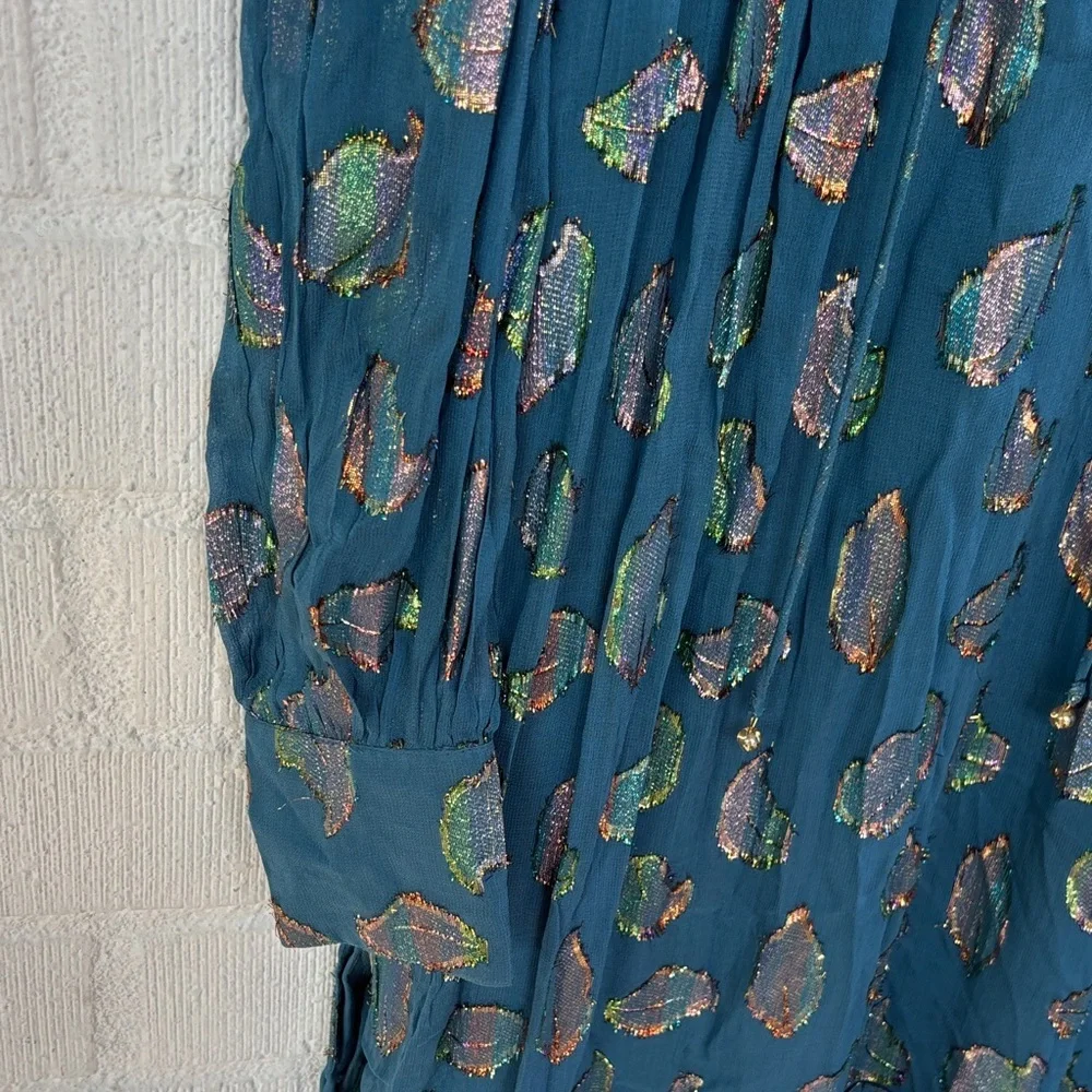 Ciebon Metallic Leaf Belted Teal Long Sleeve Maxi Dress sz S
